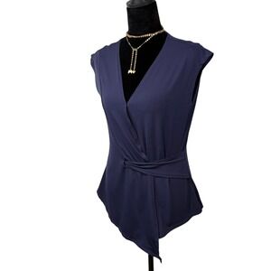 Halston Navy Blue Sleeveless Faux Wrap Top Asymmetric Hem XS